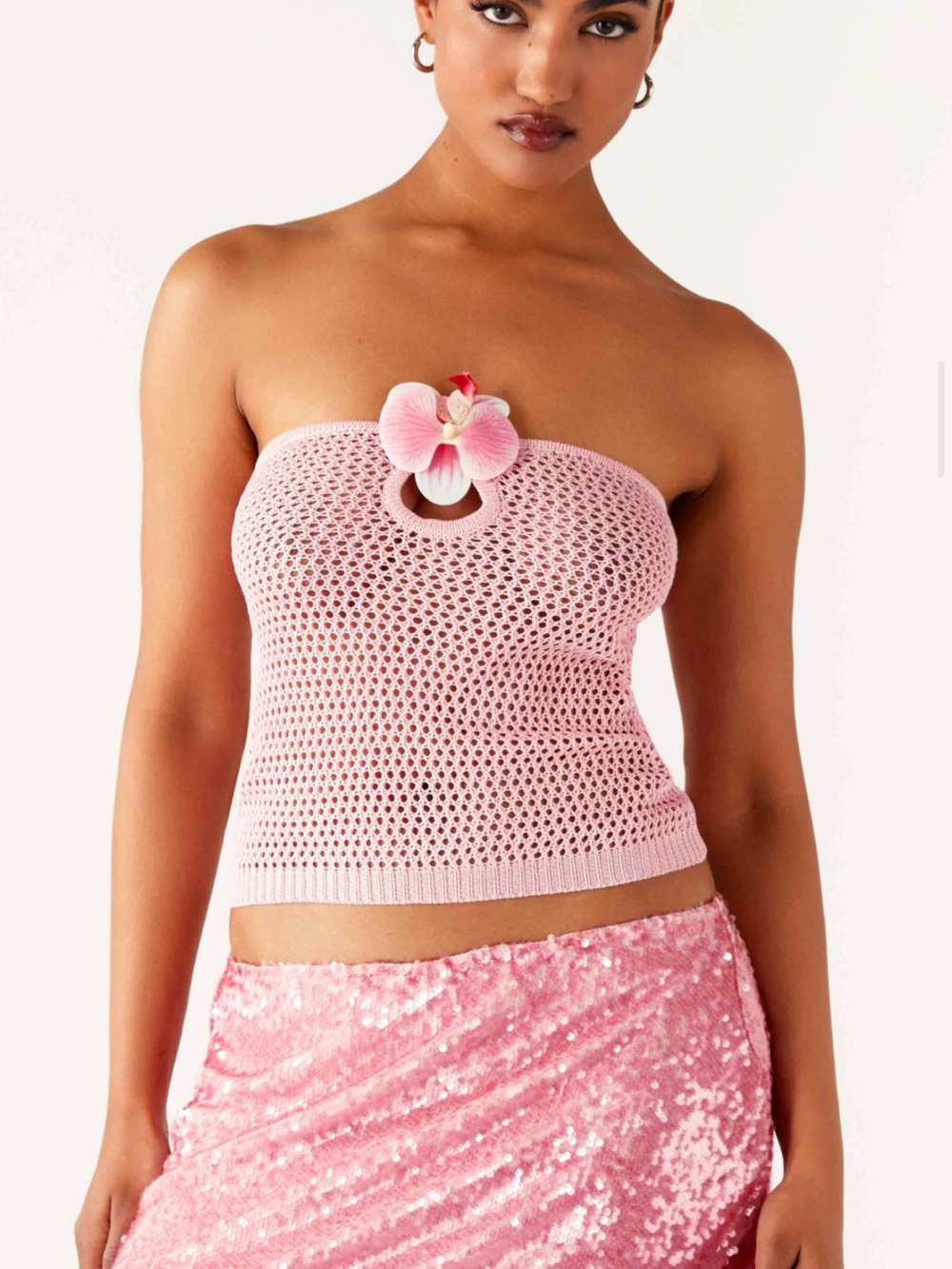 Peppermayo Pink Crochet Strapless Tube Top with Floral Accent
